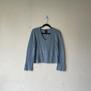 Vintage Willi Smith Light Blue Knit Ribbed V-neck Flare Sleeve Sweater Size L